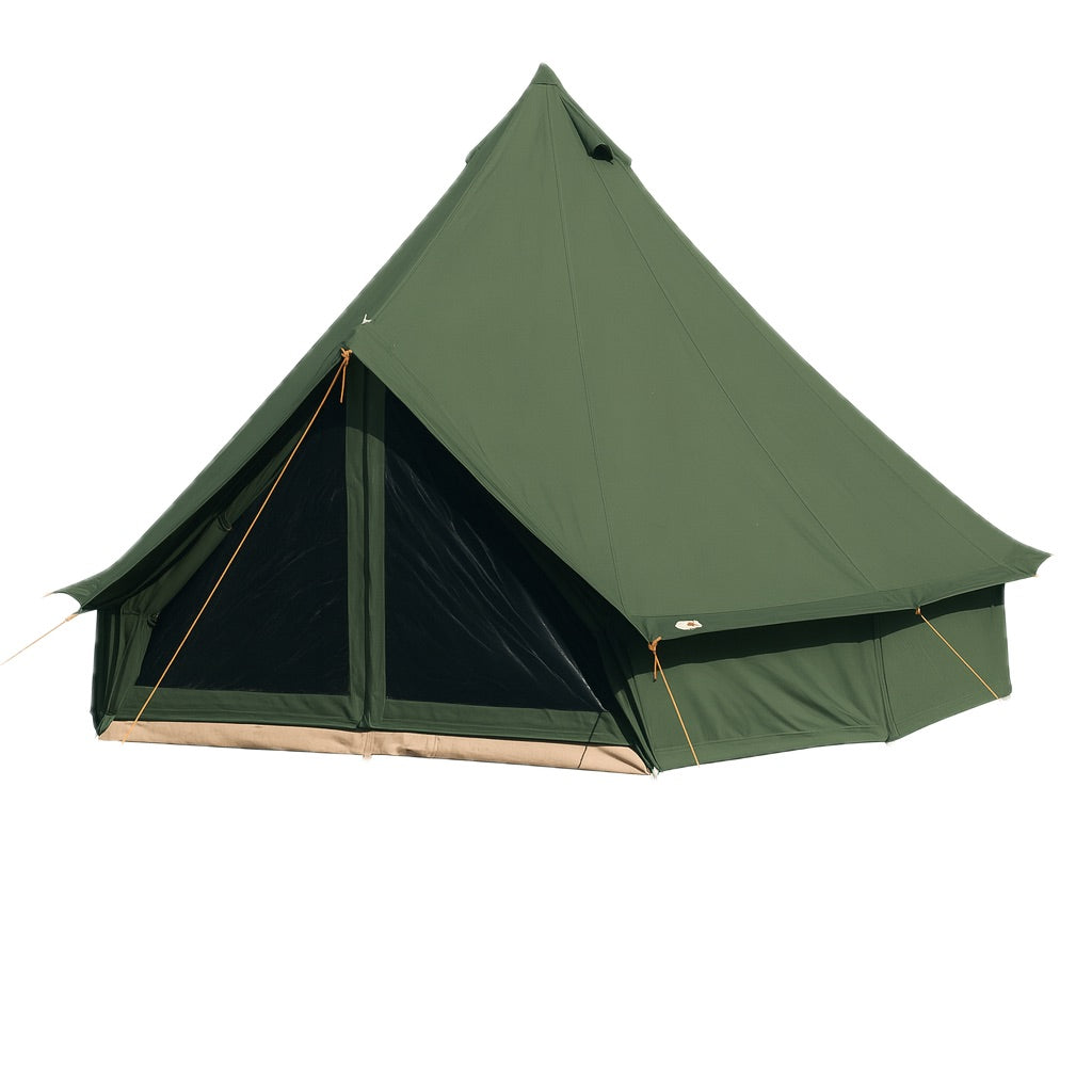 Wiman Bell Tent สีขาวต่อแอร์เคลื่อนที่ ภายในตกแต่งอบอุ่น