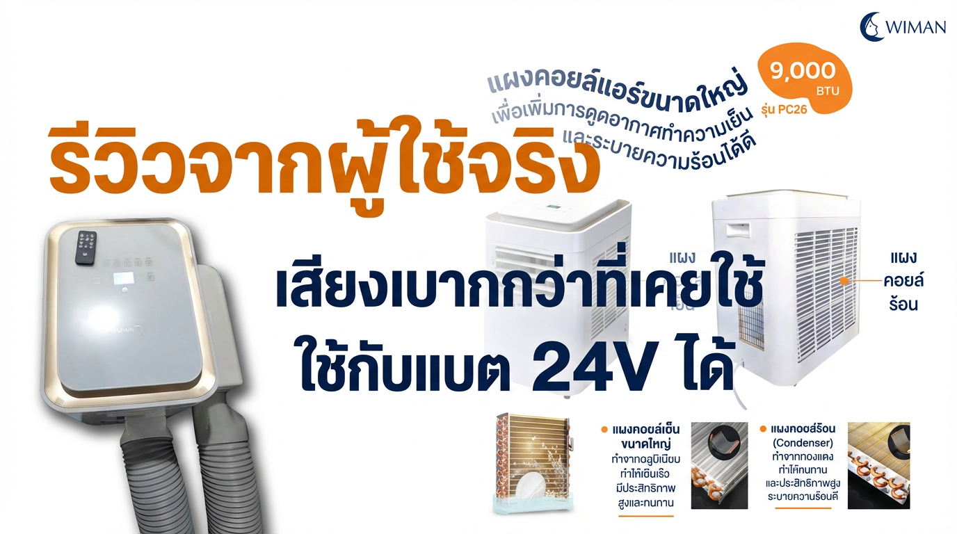 Wimanair 9000 BTU รีวิว: แอร์เคลื่อนที่เย็นจริง ใช้กับแบต 24V ได้ | วิมานแอร์